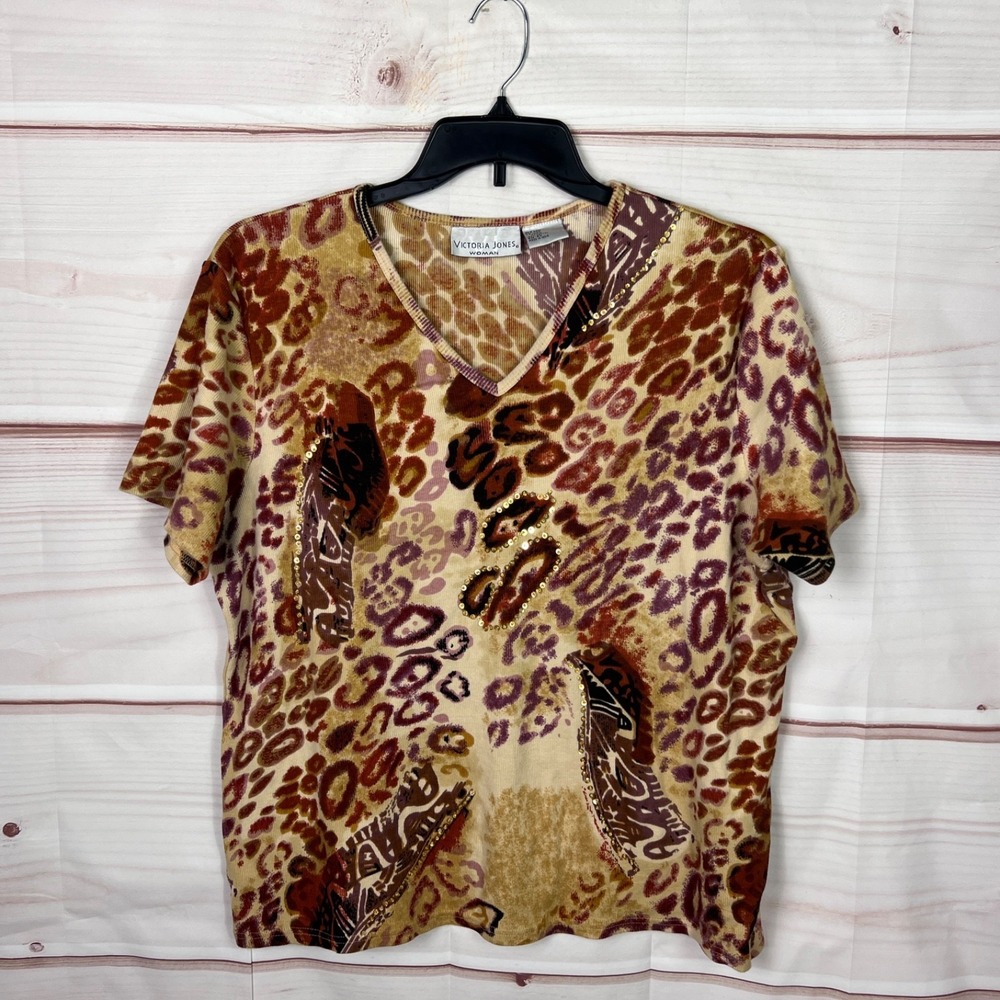 Victoria Jones Top Womens 2X Yellow Leopard Print T-Shirt V-Neck Rib Knit Sequin